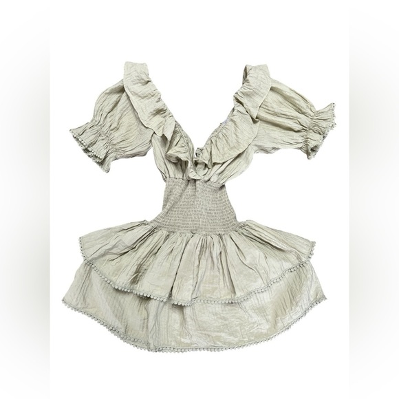 Sage green ruffled mini puff sleeve dress - Picture 3 of 3